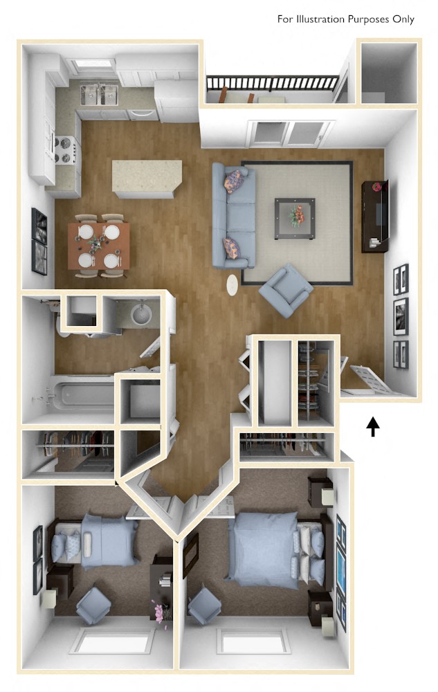 Floor plan for 2 beds, 1 bath, 914 sqft